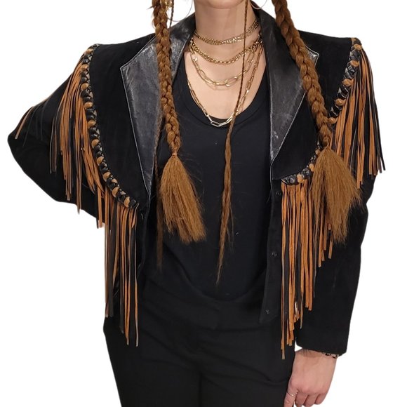 Diamond Leathers Jackets & Blazers - Diamond Leathers Vintage Black and Tan Leather Fringe Jacket